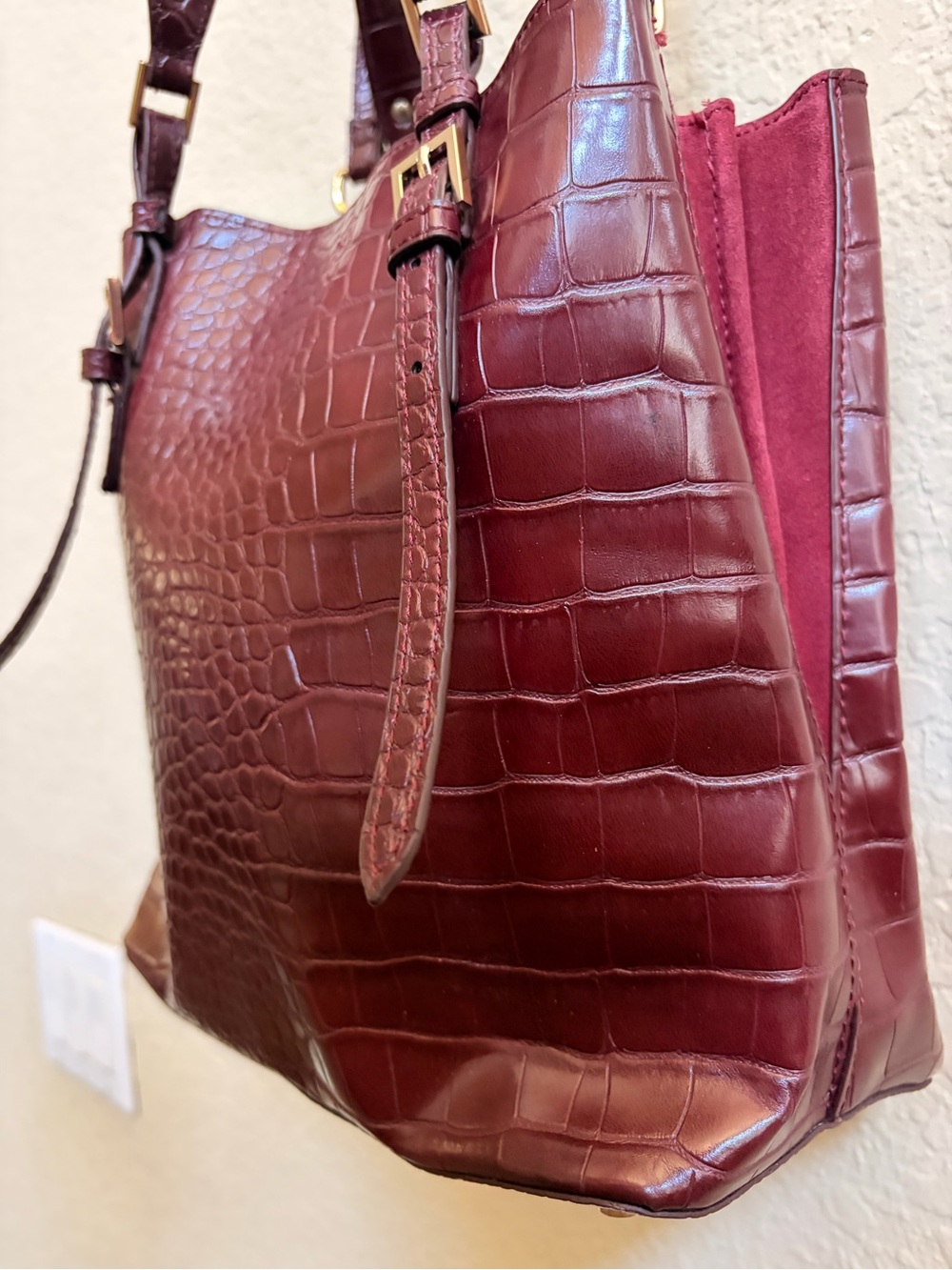 Zara Burgundy Croc-Embossed Shoulder Tote RARE - Picture 2 of 9